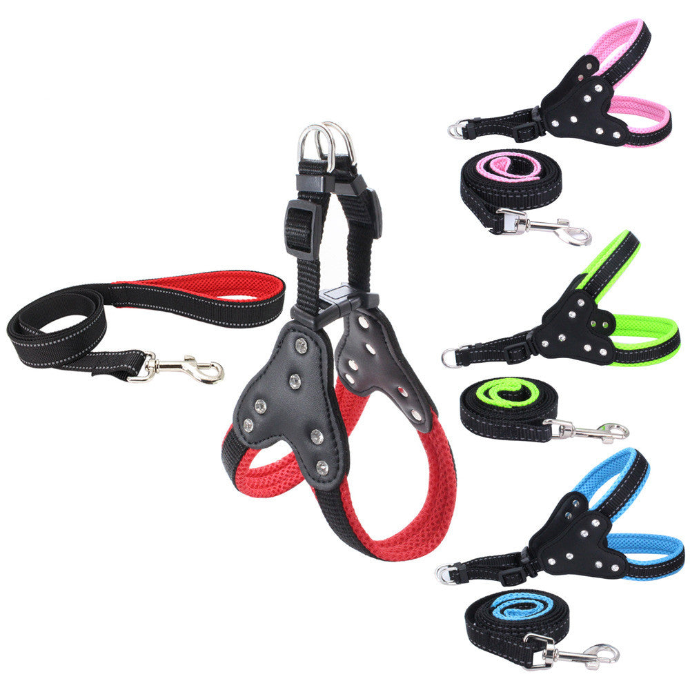 KFX-0135357 Reflective Mesh Fabric Pet Harness with Rhinestone Design and Leash in Various Colors
