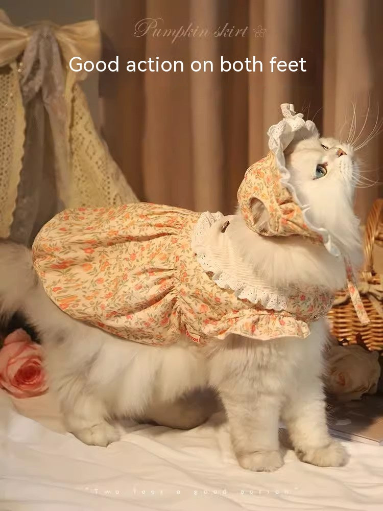 KFX-0136637 Autumn Cat Dress with Floral Design and Matching Doll Hat, Warm Skirt for Cats