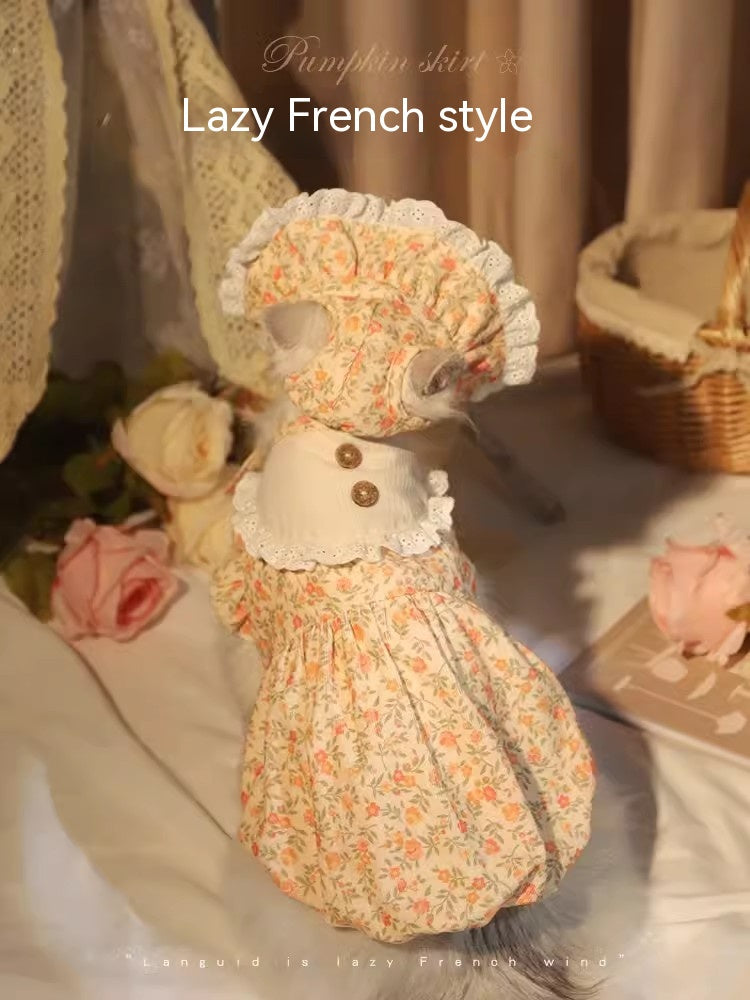 KFX-0136637 Autumn Cat Dress with Floral Design and Matching Doll Hat, Warm Skirt for Cats