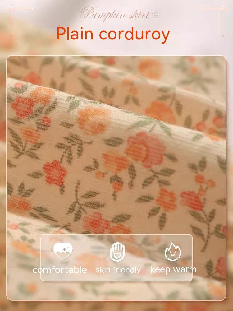 KFX-0136637 Autumn Cat Dress with Floral Design and Matching Doll Hat, Warm Skirt for Cats