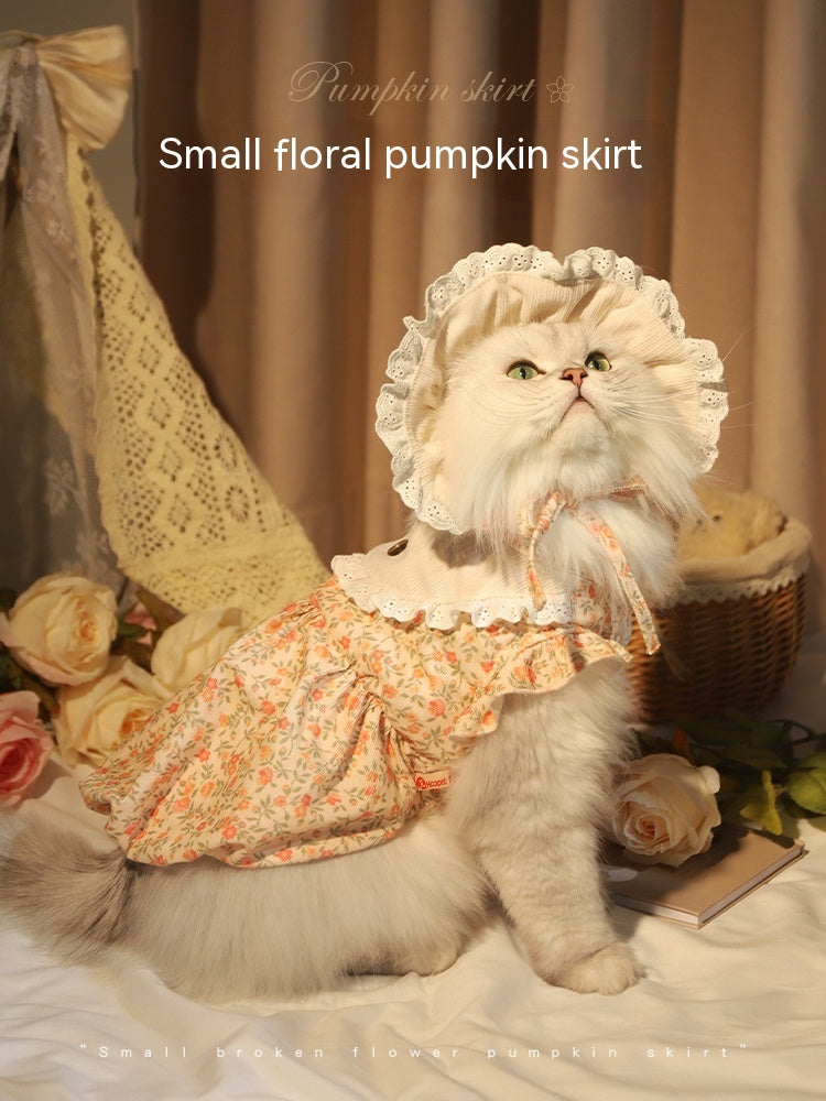 KFX-0136637 Autumn Cat Dress with Floral Design and Matching Doll Hat, Warm Skirt for Cats