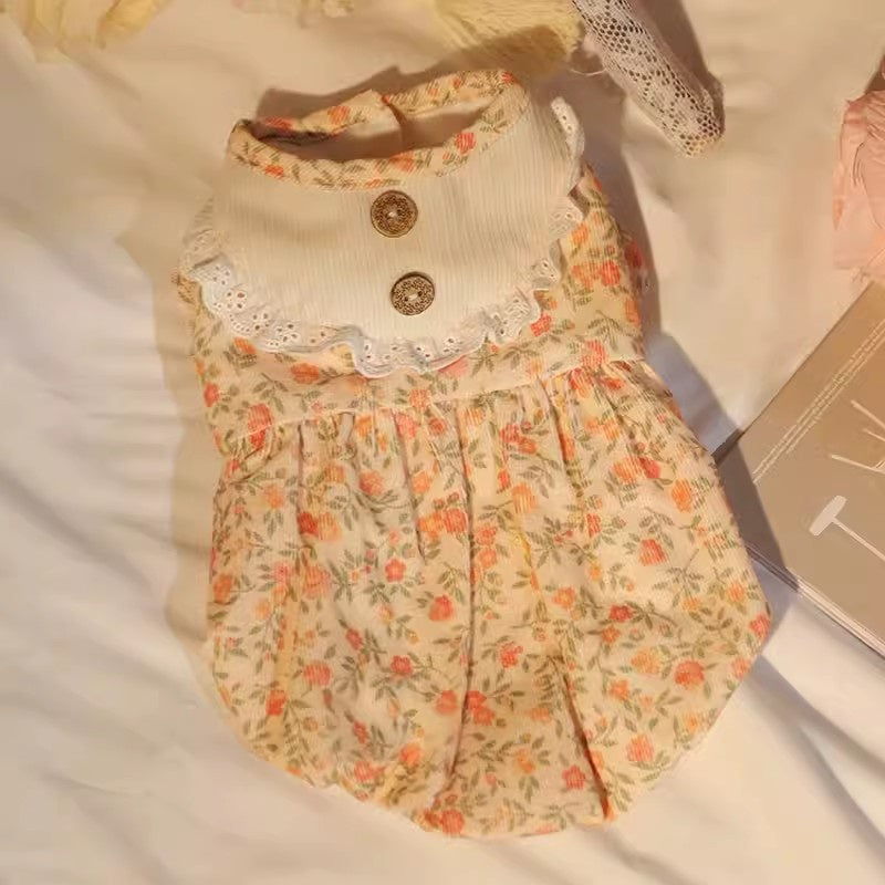 KFX-0136637 Autumn Cat Dress with Floral Design and Matching Doll Hat, Warm Skirt for Cats