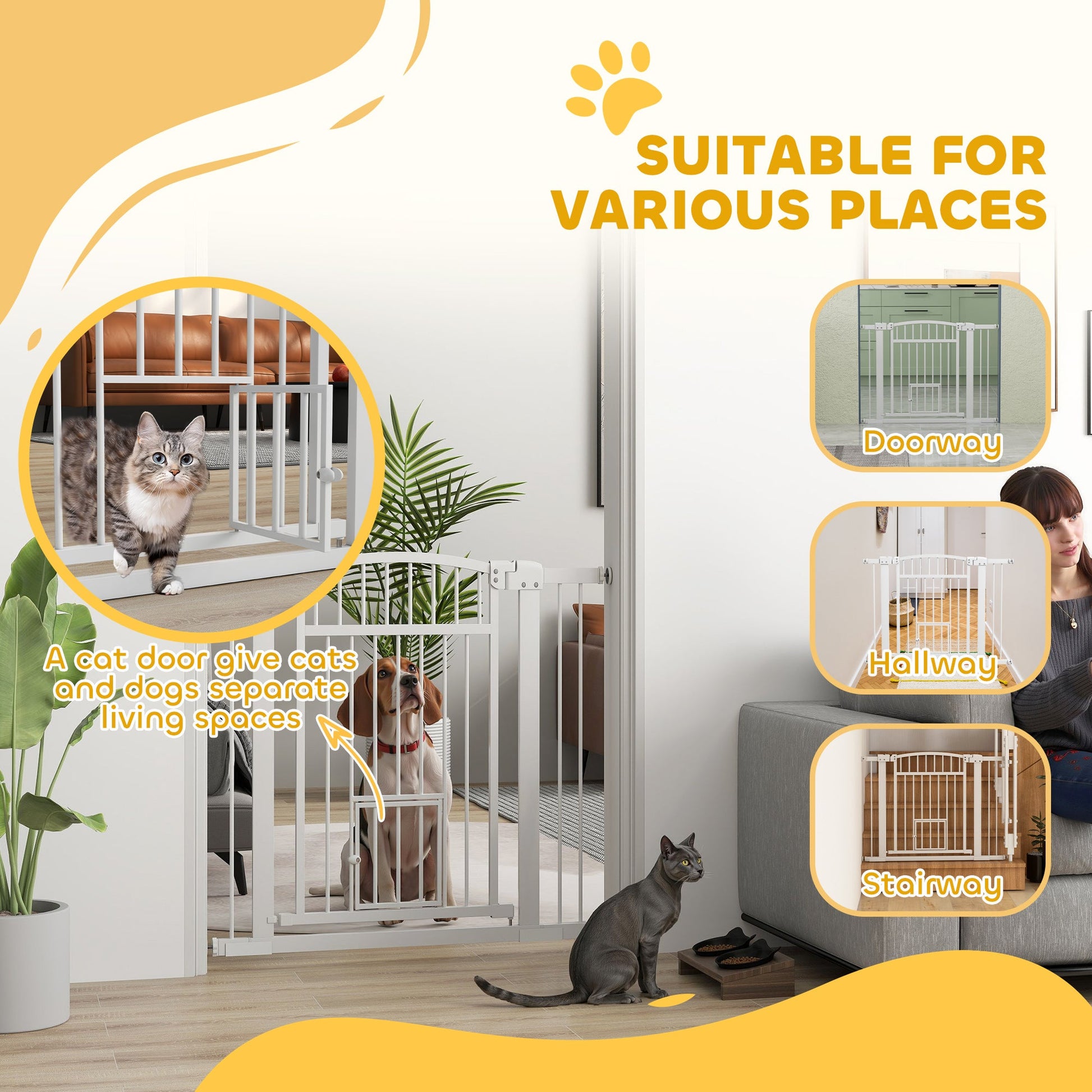 KFX-0137533 Extra Wide Walk Through Dog Gate with Cat Door and Extension Kits, 30.3" High, Adjustable 29.9"-40.9" Width