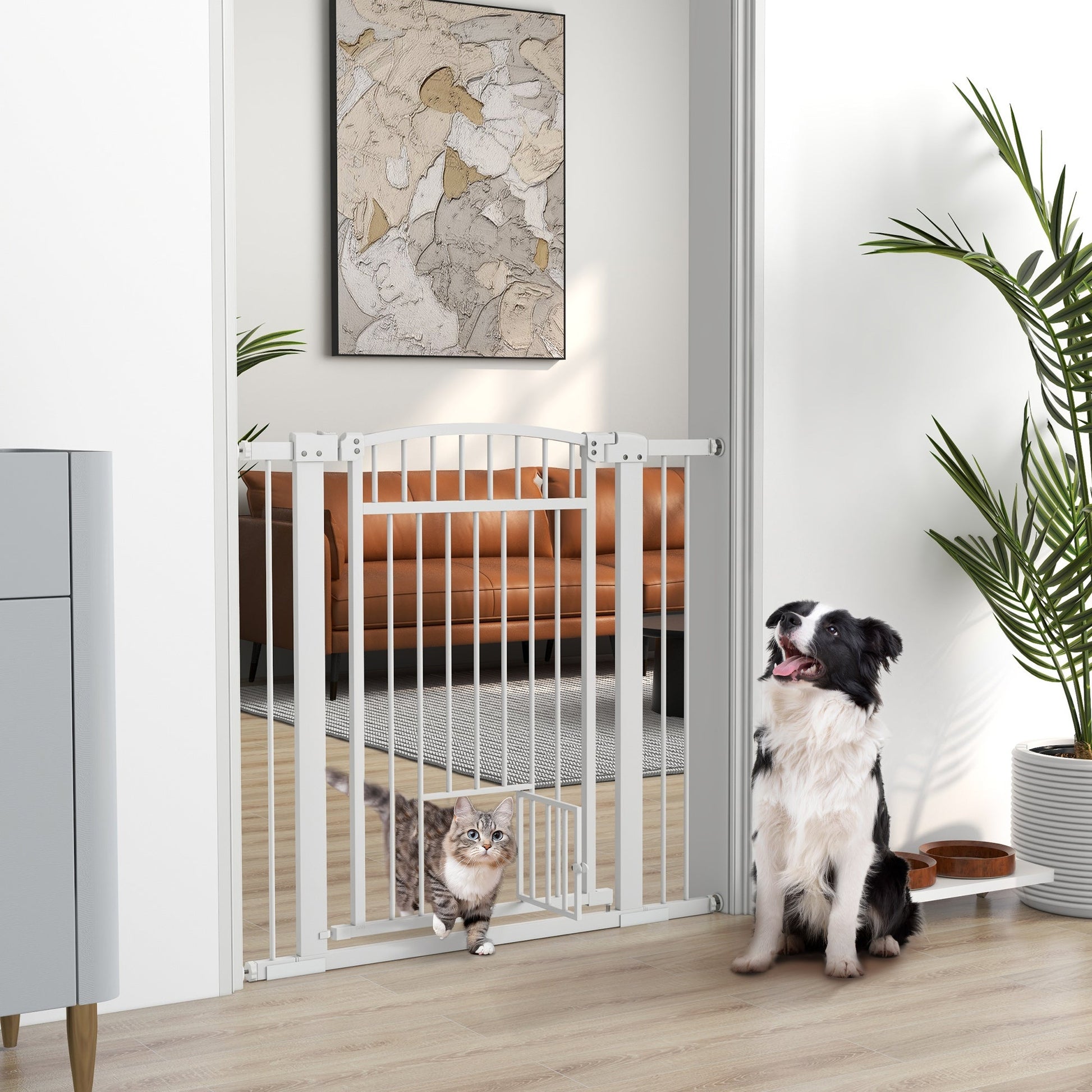 KFX-0137533 Extra Wide Walk Through Dog Gate with Cat Door and Extension Kits, 30.3" High, Adjustable 29.9"-40.9" Width