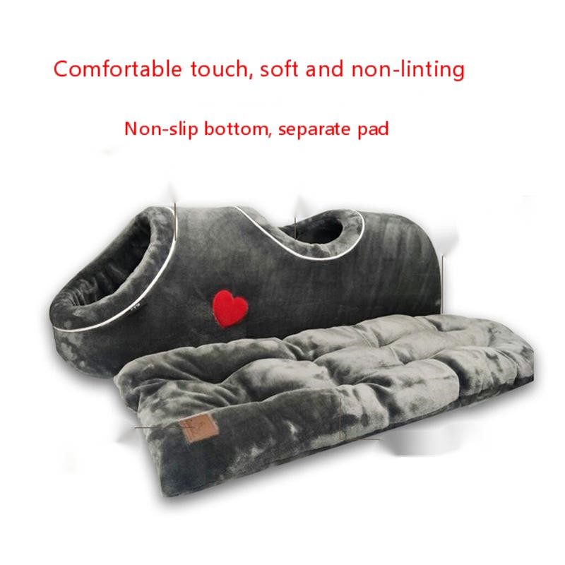 KFX-0138301 Double-Hole Flannel Cat Nest - Grey Heart, Brown Meteor, Silver-White Heart - Size 80X30X26CM