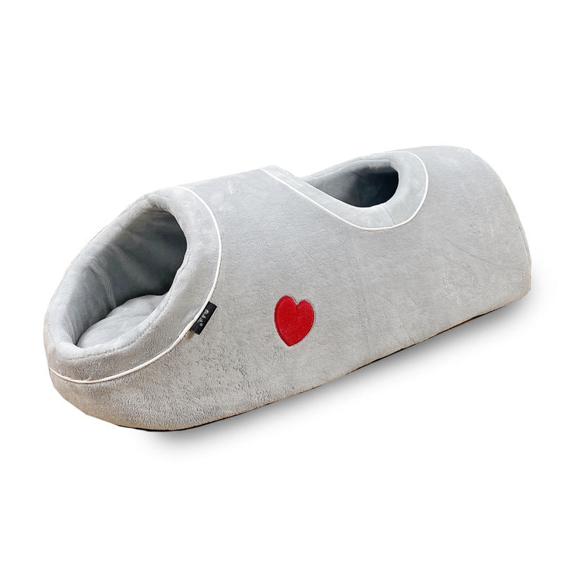KFX-0138301 Double-Hole Flannel Cat Nest - Grey Heart, Brown Meteor, Silver-White Heart - Size 80X30X26CM