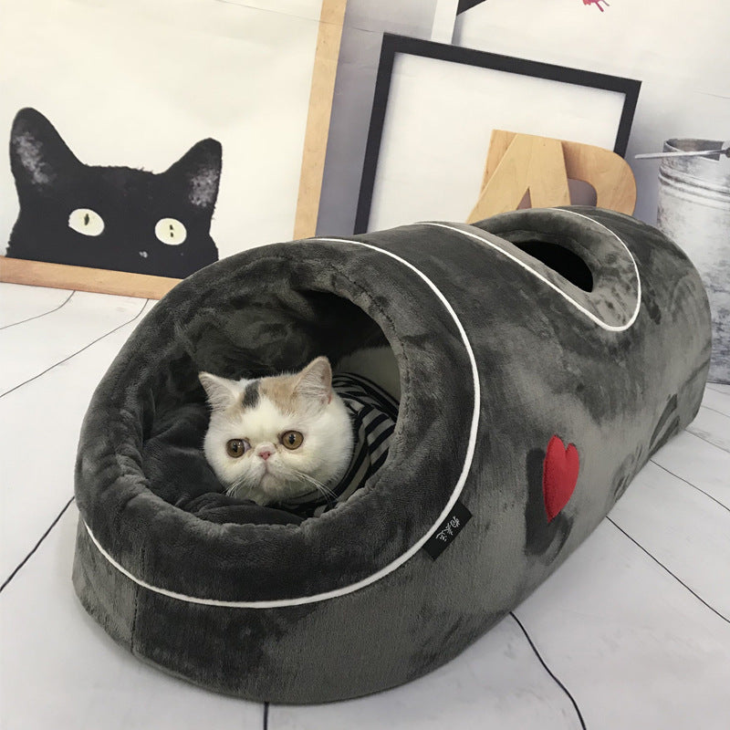 KFX-0138301 Double-Hole Flannel Cat Nest - Grey Heart, Brown Meteor, Silver-White Heart - Size 80X30X26CM
