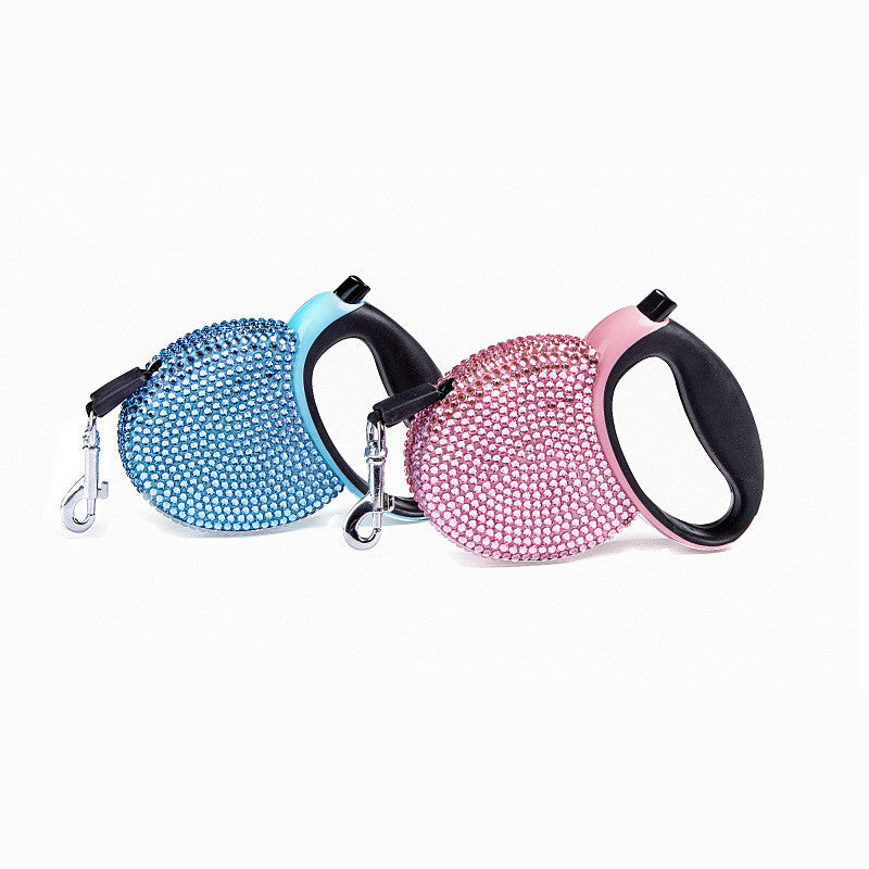 KFX-0147389 Diamond-Studded Automatic Telescopic Dog Traction Belt - 3m Flat Belt for Pets Under 15kg