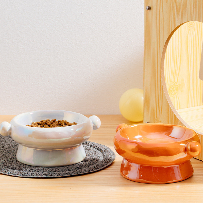 KFX-0147773 Ceramic Cat Food Bowl with Elevated Design - Available in Bright White and Colorful Orange