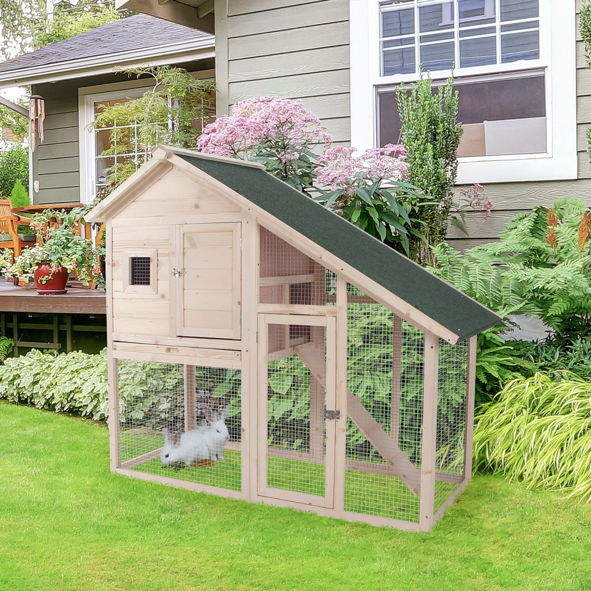 KFX-0151229 56" Wooden 2-Tier Rabbit Hutch with Enclosed Living Space and Ramp Access