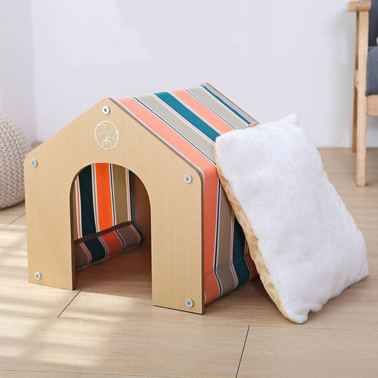 KFX-0153405 Universal Oxford Cloth Kitten Pet House with Wooden Cabin and Striped Cloth Cover