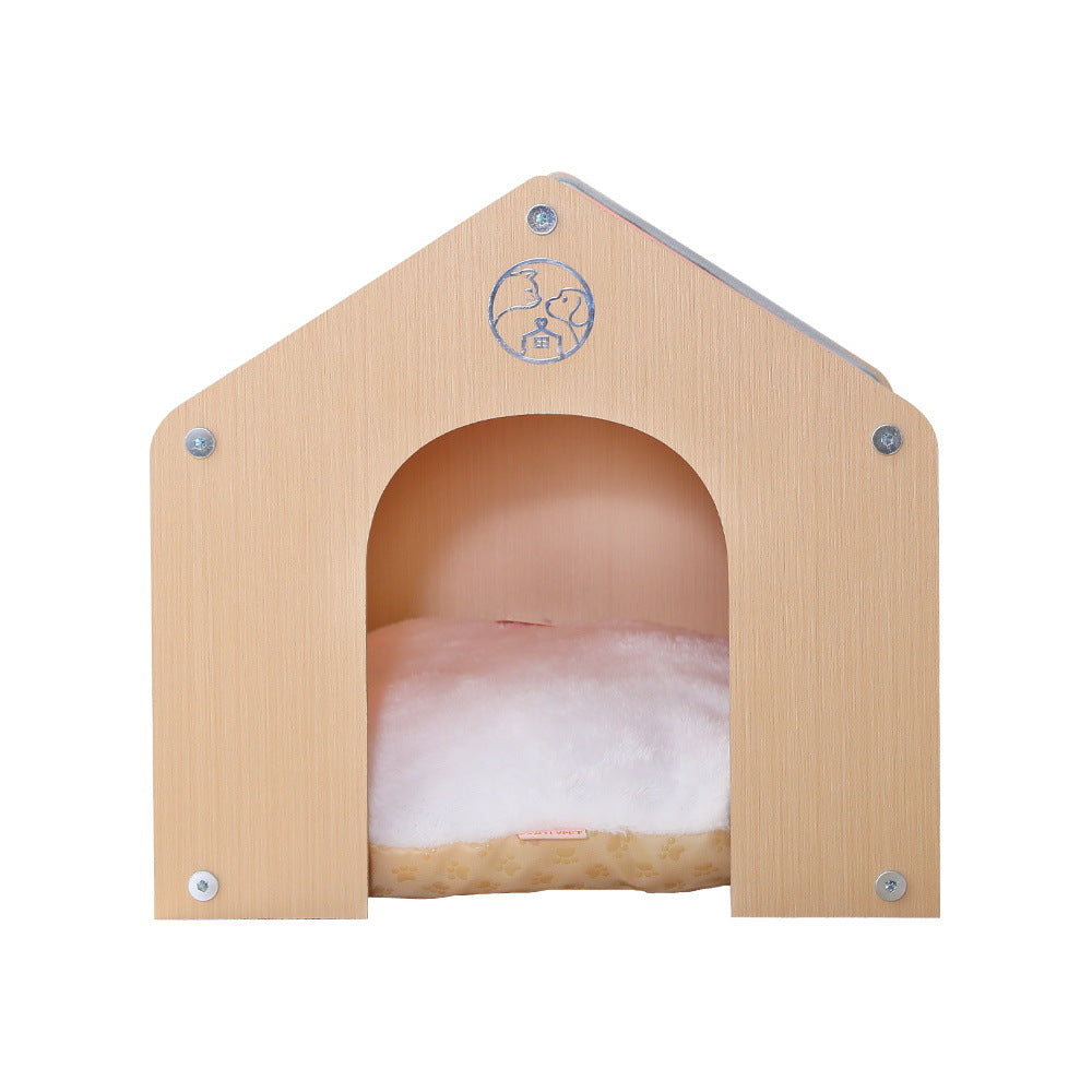 KFX-0153405 Universal Oxford Cloth Kitten Pet House with Wooden Cabin and Striped Cloth Cover