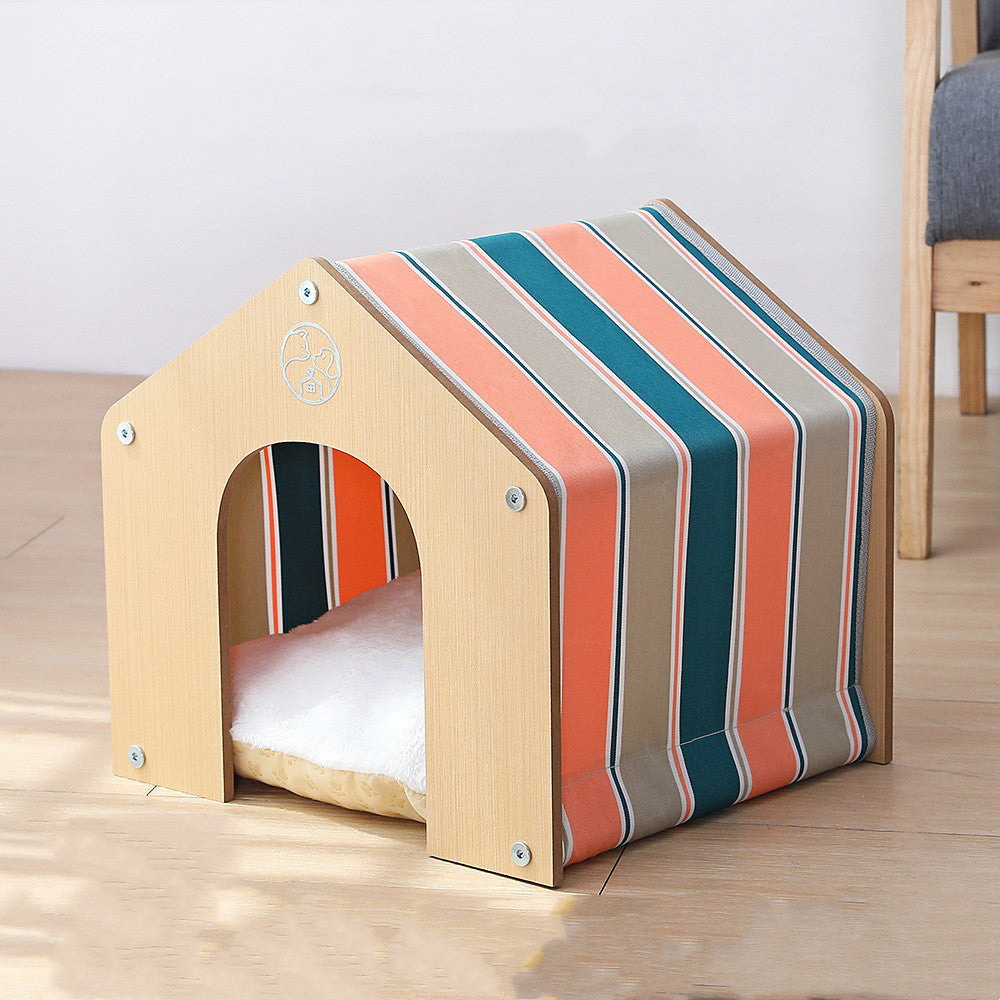 KFX-0153405 Universal Oxford Cloth Kitten Pet House with Wooden Cabin and Striped Cloth Cover