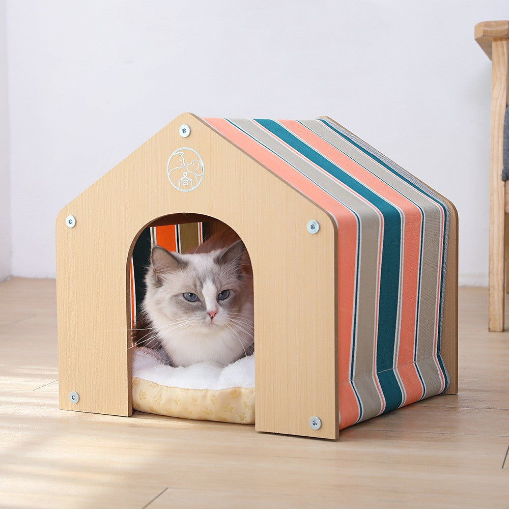 KFX-0153405 Universal Oxford Cloth Kitten Pet House with Wooden Cabin and Striped Cloth Cover