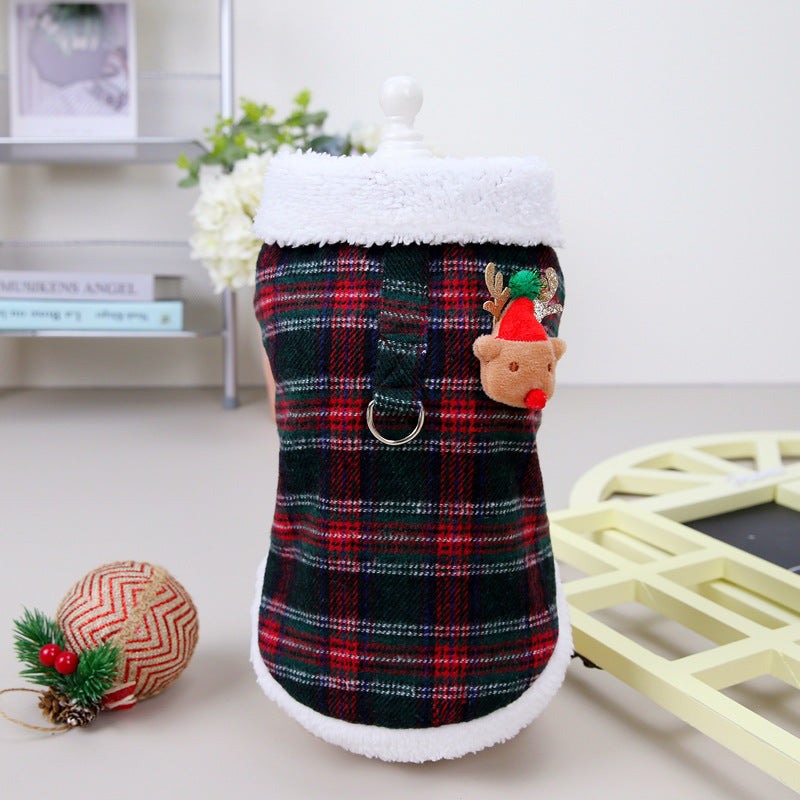 KFX-0157757 Cozy Christmas Plaid Vest for Pets with Leash - Cotton-Padded and Stylish