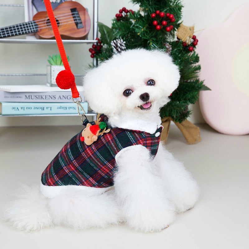KFX-0157757 Cozy Christmas Plaid Vest for Pets with Leash - Cotton-Padded and Stylish