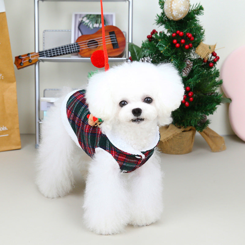 KFX-0157757 Cozy Christmas Plaid Vest for Pets with Leash - Cotton-Padded and Stylish