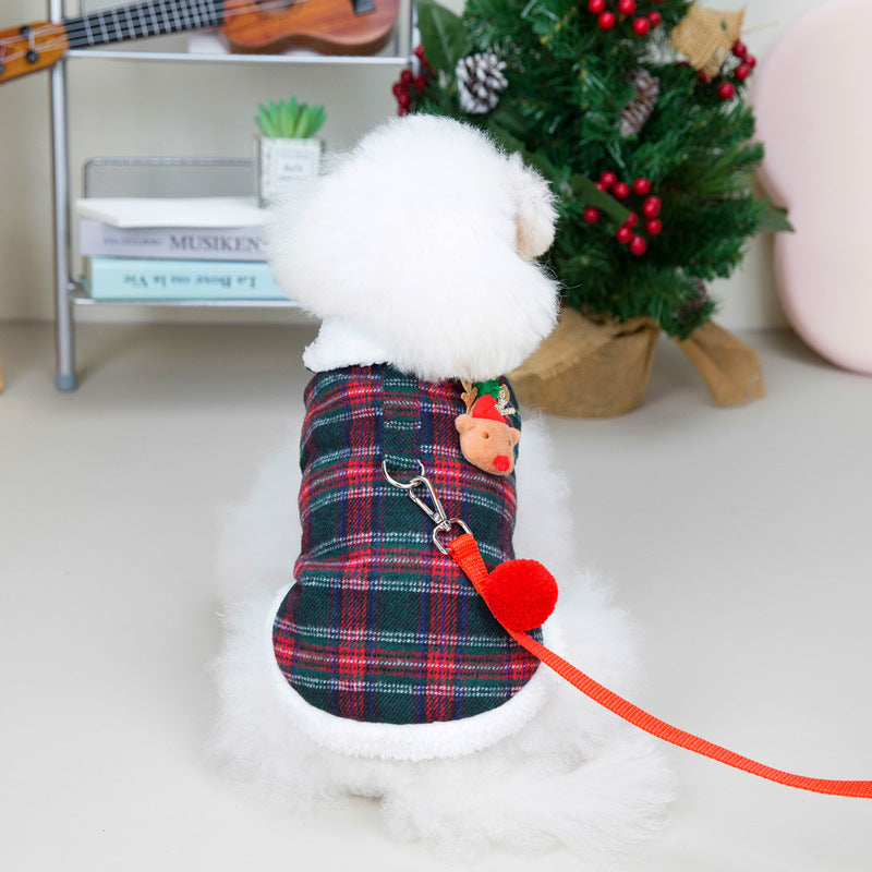 KFX-0157757 Cozy Christmas Plaid Vest for Pets with Leash - Cotton-Padded and Stylish