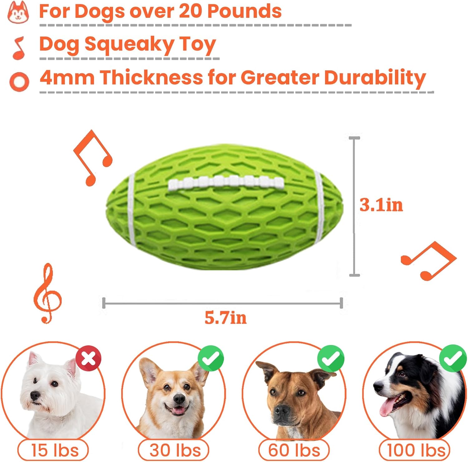 KFX-0160573 Durable Squeaky Rugby Dog Toy for Aggressive Chewers, Ideal for Large Dogs