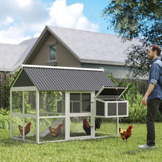 KFX-0162749 Spacious Gray Wooden Chicken Coop with Run, Nesting Boxes, Roosting Bars, and Easy-Clean Tray for 6-8 Chickens