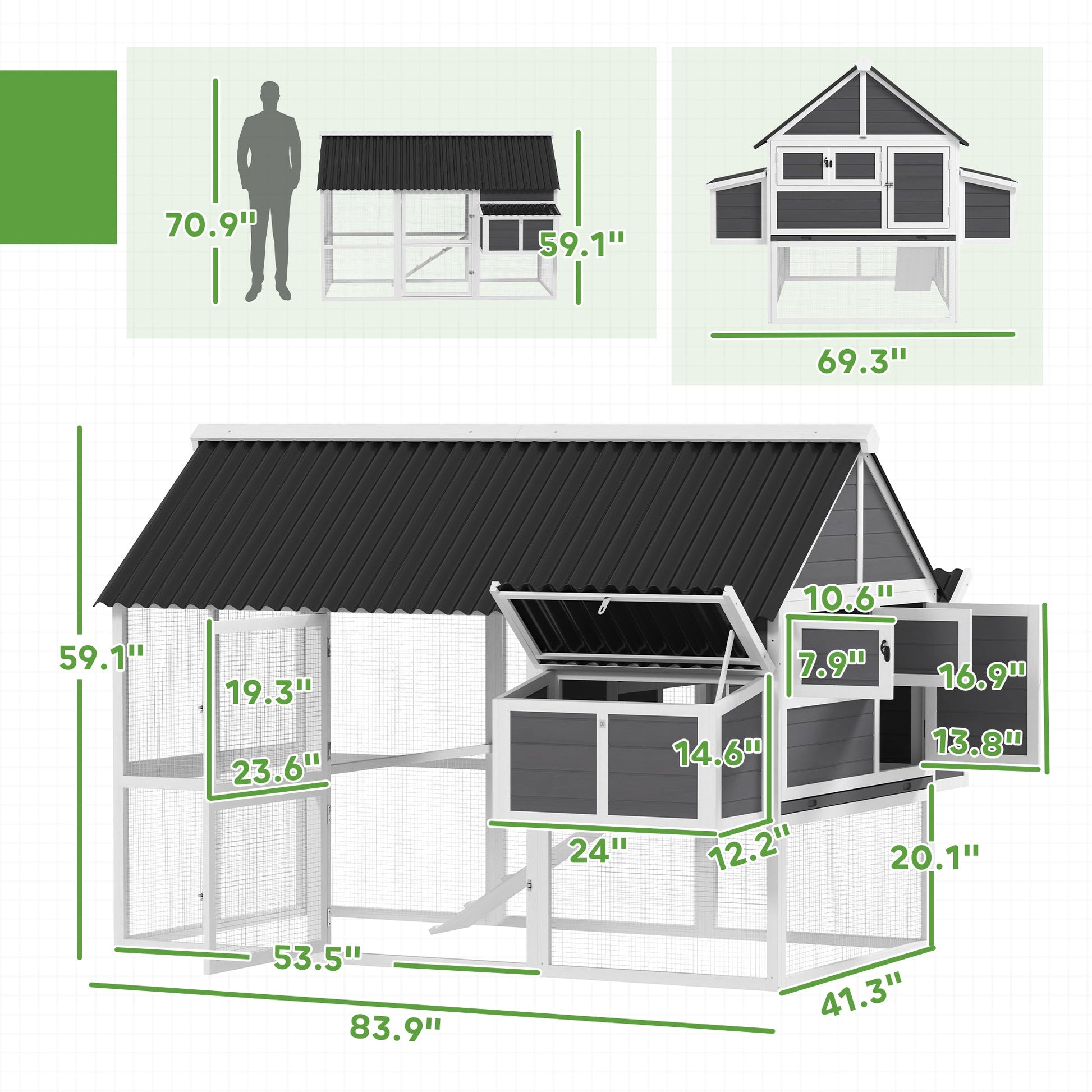 KFX-0162749 Spacious Gray Wooden Chicken Coop with Run, Nesting Boxes, Roosting Bars, and Easy-Clean Tray for 6-8 Chickens
