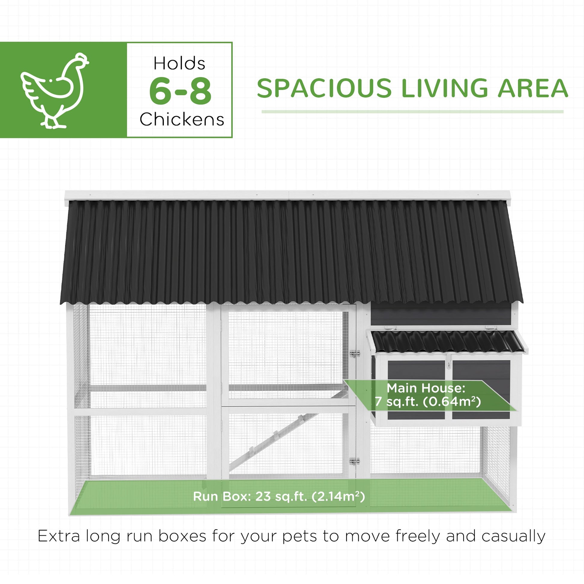KFX-0162749 Spacious Gray Wooden Chicken Coop with Run, Nesting Boxes, Roosting Bars, and Easy-Clean Tray for 6-8 Chickens