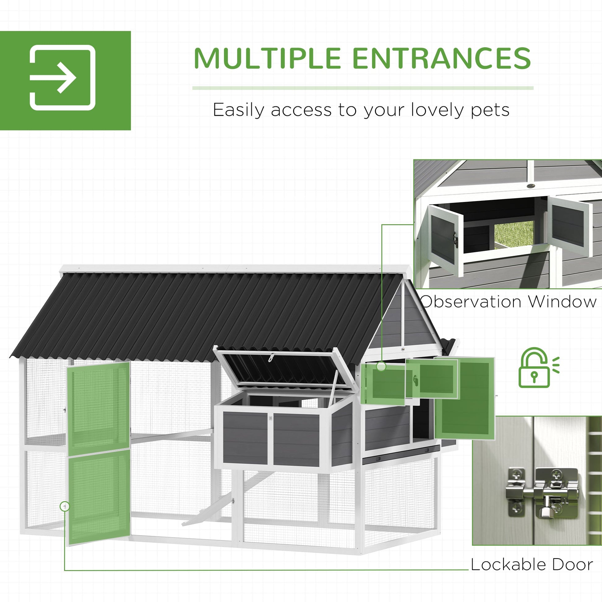 KFX-0162749 Spacious Gray Wooden Chicken Coop with Run, Nesting Boxes, Roosting Bars, and Easy-Clean Tray for 6-8 Chickens