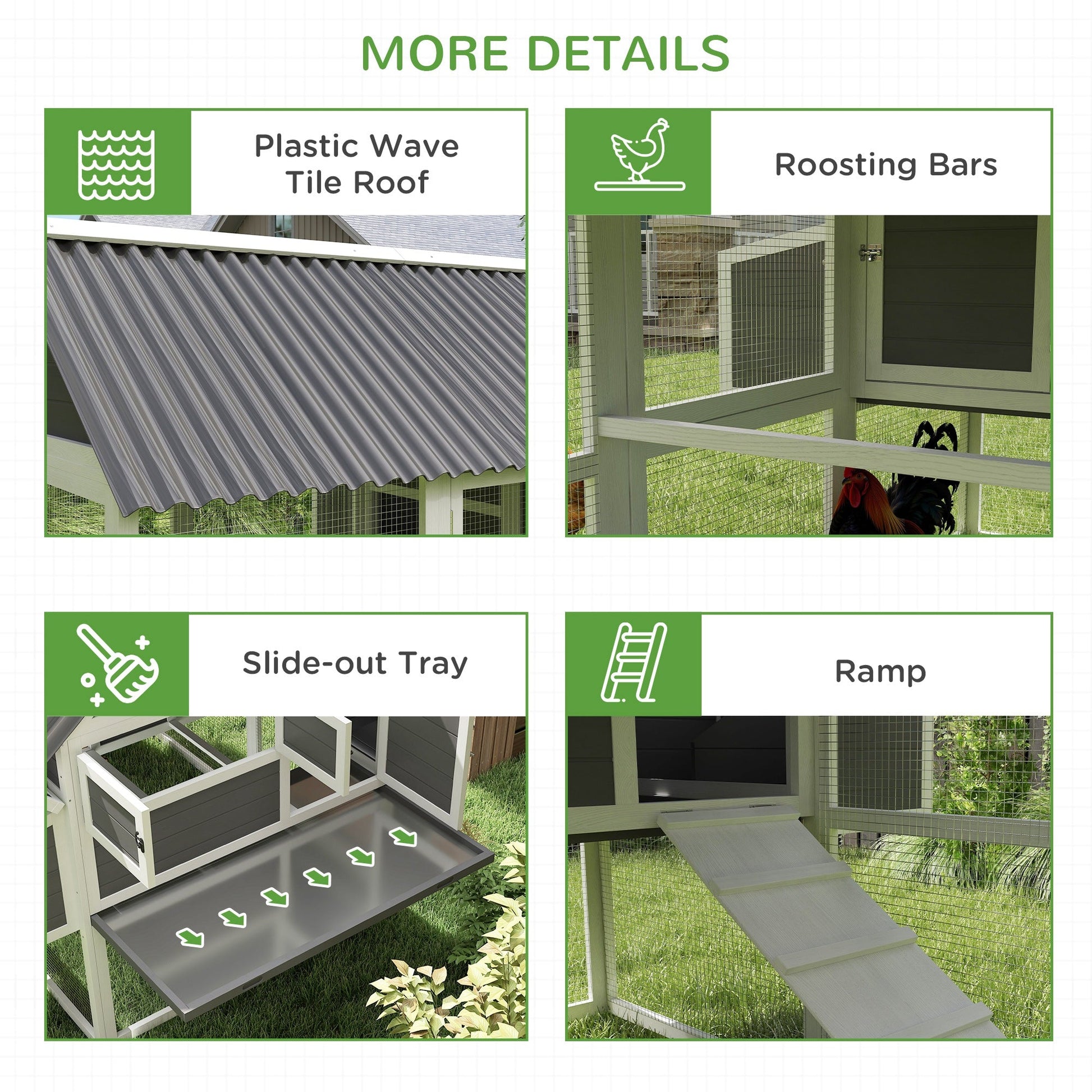 KFX-0162749 Spacious Gray Wooden Chicken Coop with Run, Nesting Boxes, Roosting Bars, and Easy-Clean Tray for 6-8 Chickens