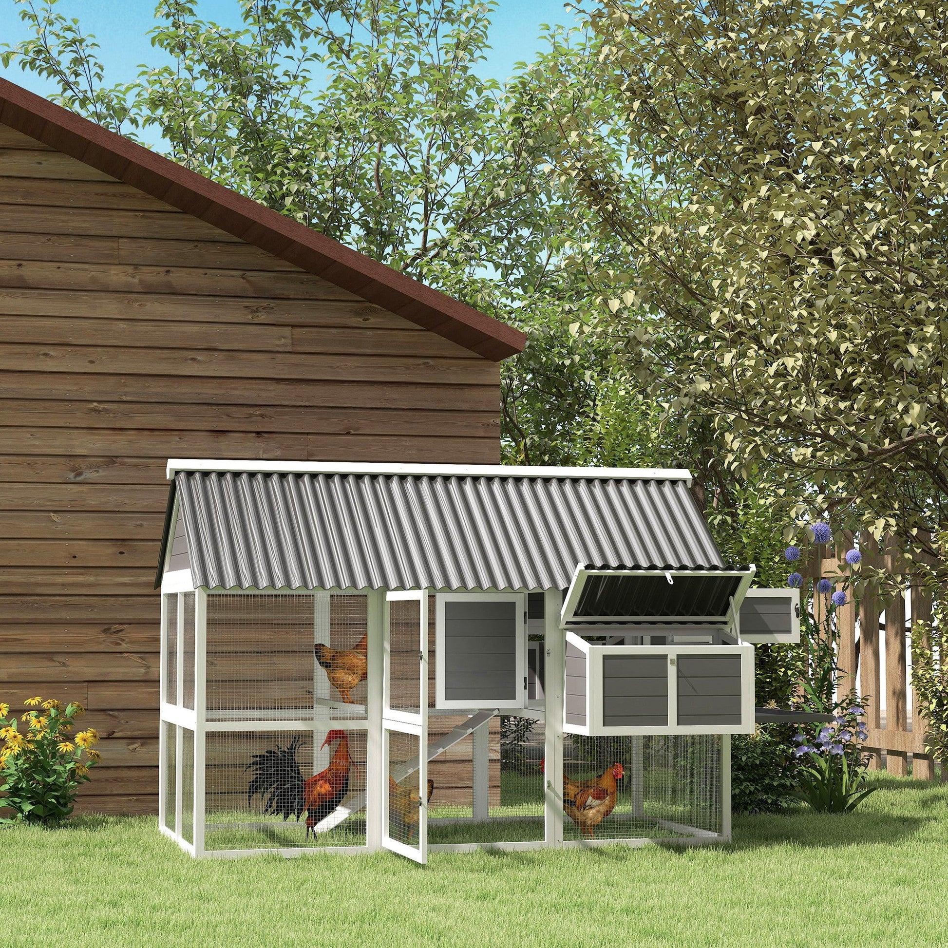 KFX-0162749 Spacious Gray Wooden Chicken Coop with Run, Nesting Boxes, Roosting Bars, and Easy-Clean Tray for 6-8 Chickens