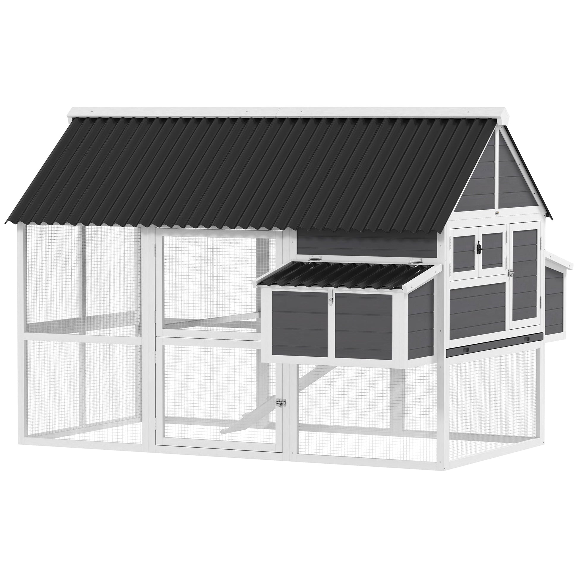 KFX-0162749 Spacious Gray Wooden Chicken Coop with Run, Nesting Boxes, Roosting Bars, and Easy-Clean Tray for 6-8 Chickens