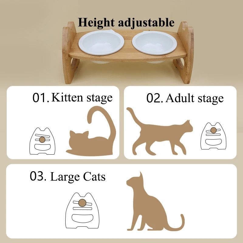 KFX-0170813 Height Adjustable Ceramic Pet Bowl with Wooden Stand for Dogs and Cats - Non-Slip & Tilt Design