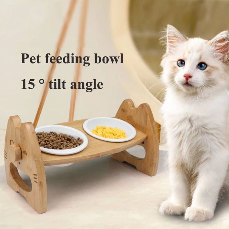 KFX-0170813 Height Adjustable Ceramic Pet Bowl with Wooden Stand for Dogs and Cats - Non-Slip & Tilt Design