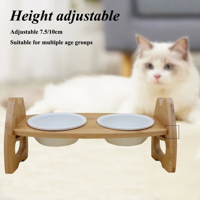 KFX-0170813 Height Adjustable Ceramic Pet Bowl with Wooden Stand for Dogs and Cats - Non-Slip & Tilt Design