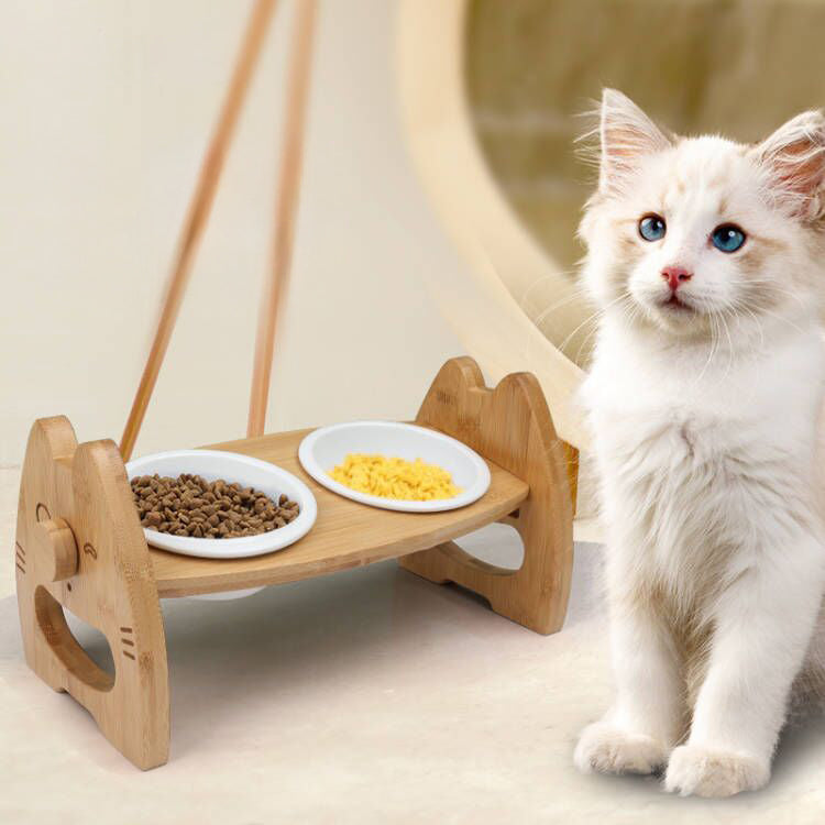 KFX-0170813 Height Adjustable Ceramic Pet Bowl with Wooden Stand for Dogs and Cats - Non-Slip & Tilt Design