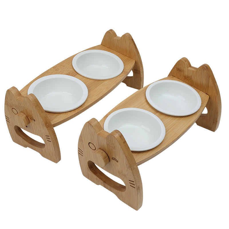 KFX-0170813 Height Adjustable Ceramic Pet Bowl with Wooden Stand for Dogs and Cats - Non-Slip & Tilt Design