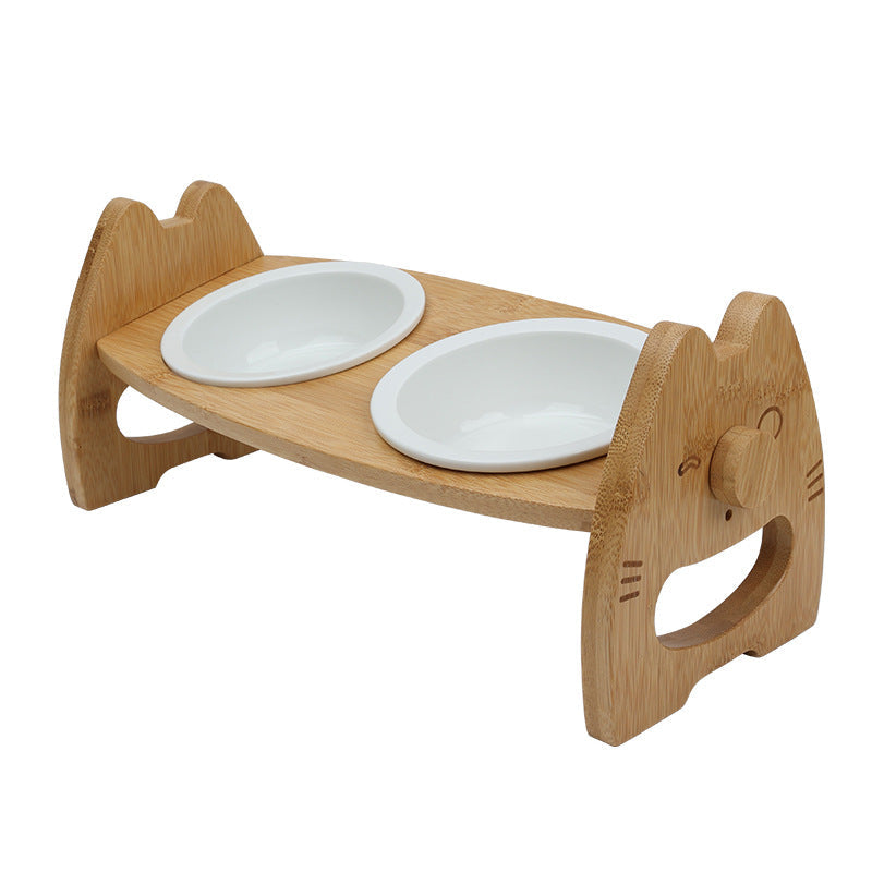 KFX-0170813 Height Adjustable Ceramic Pet Bowl with Wooden Stand for Dogs and Cats - Non-Slip & Tilt Design