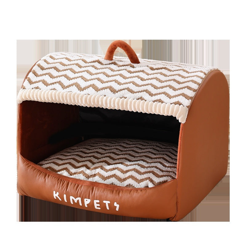 KFX-0174653 Houndstooth Semi-Enclosed Dog Kennel in Wavy Brown and Gray - Multiple Sizes Available