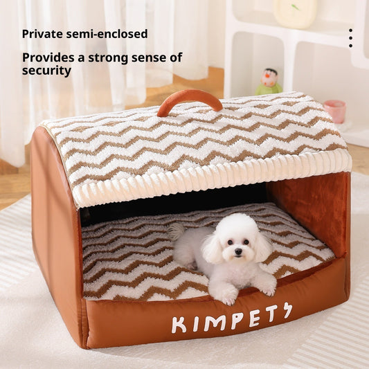KFX-0174653 Houndstooth Semi-Enclosed Dog Kennel in Wavy Brown and Gray - Multiple Sizes Available
