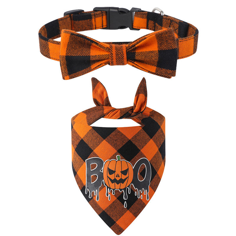 KFX-0176573 Plaid Dog Collar and Triangle Bib Set for Comfortable Pet Wear