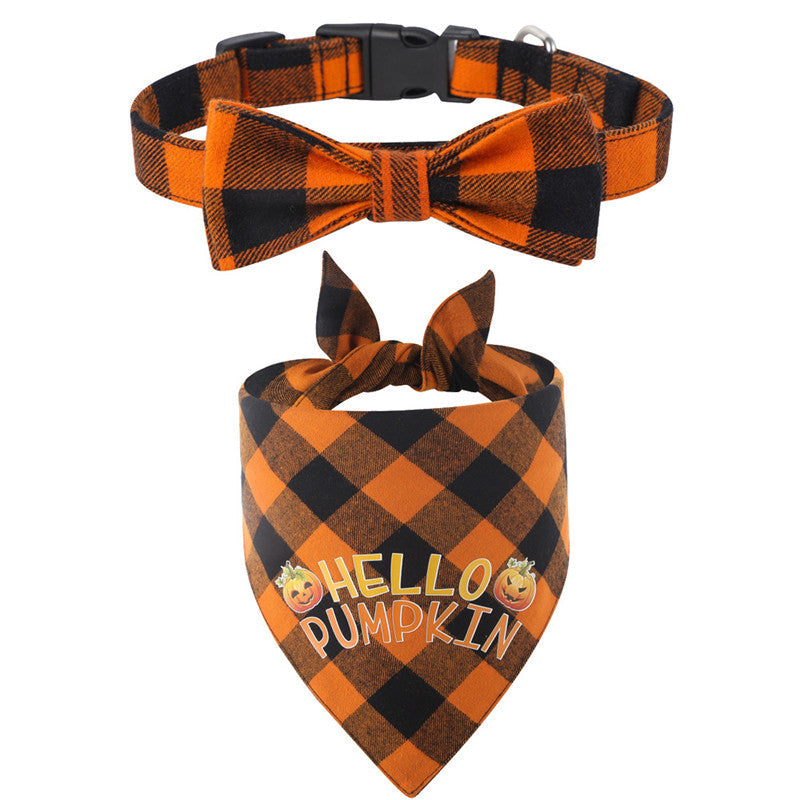 KFX-0176573 Plaid Dog Collar and Triangle Bib Set for Comfortable Pet Wear
