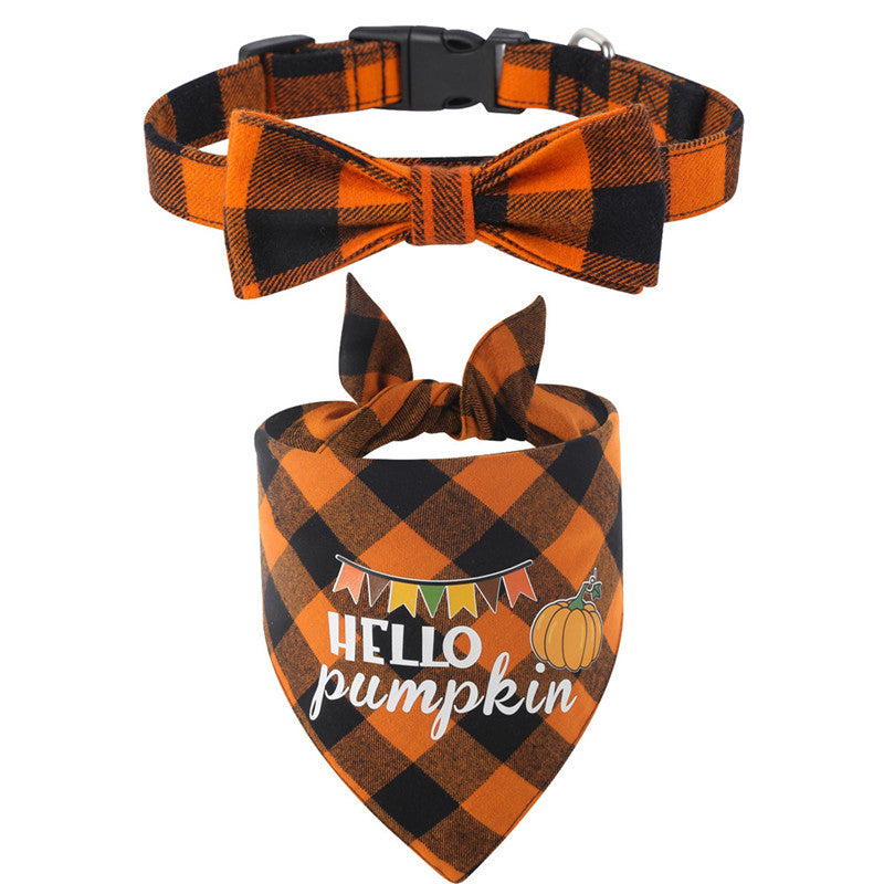KFX-0176573 Plaid Dog Collar and Triangle Bib Set for Comfortable Pet Wear
