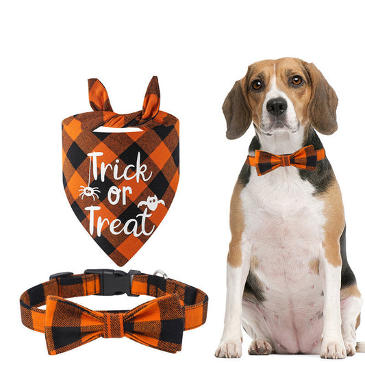 KFX-0176573 Plaid Dog Collar and Triangle Bib Set for Comfortable Pet Wear