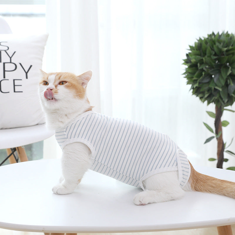 KFX-0178749 Seasonal Cat Clothes - Thin Anti-Licking Cotton Blue & White Nursing Outfit, Sizes S-XL