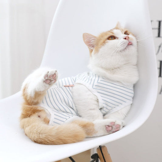 KFX-0178749 Seasonal Cat Clothes - Thin Anti-Licking Cotton Blue & White Nursing Outfit, Sizes S-XL