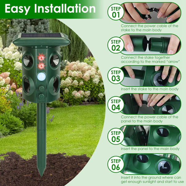 KFX-0181821 5-in-1 Solar & USB Animal Repeller with PIR Sensor, 3229 Sq.ft Coverage, Waterproof, for Rodents, Birds, and More