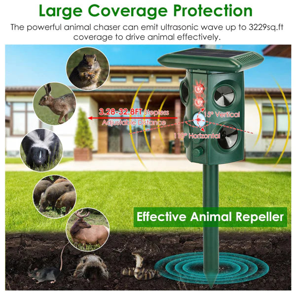 KFX-0181821 5-in-1 Solar & USB Animal Repeller with PIR Sensor, 3229 Sq.ft Coverage, Waterproof, for Rodents, Birds, and More