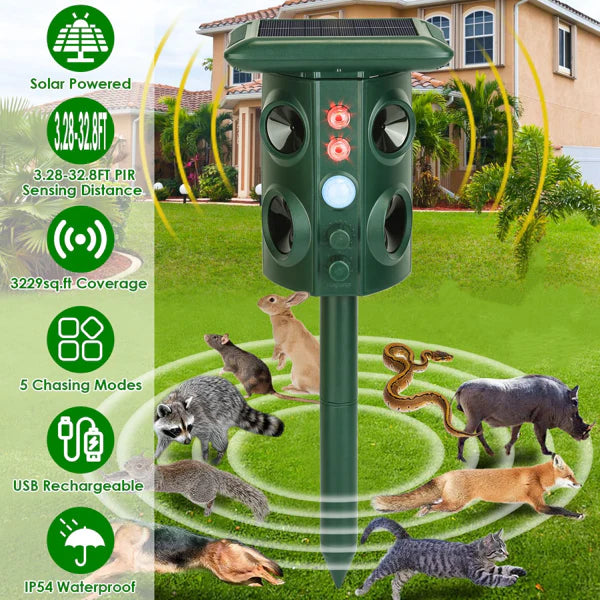 KFX-0181821 5-in-1 Solar & USB Animal Repeller with PIR Sensor, 3229 Sq.ft Coverage, Waterproof, for Rodents, Birds, and More