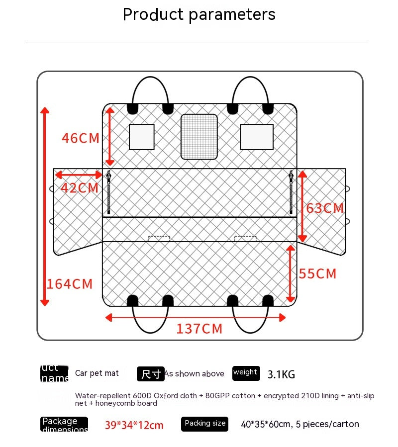 KFX-0182589 Waterproof 600D Oxford Cloth Car Pet Mat - Lengthened, Load-Bearing, Small Grid Design, 137x164cm