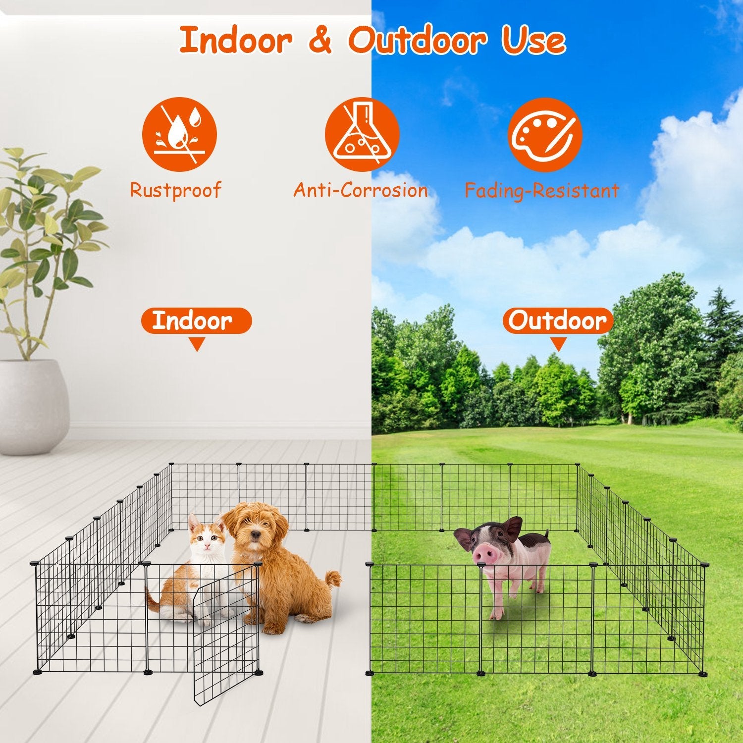 KFX-0183997 Durable Metal Animal Playpen with Door for Small to Medium Pets - Indoor & Outdoor Use, Easy Setup, Rustproof Design