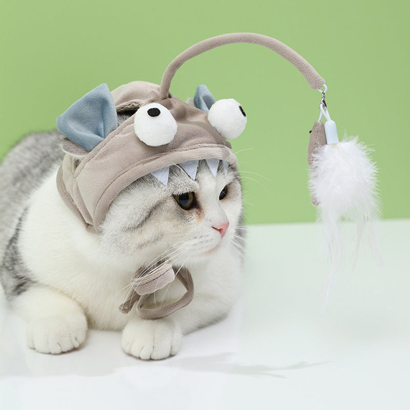 KFX-0187581 Cat Head Teaser Toy with Adjustable Strap, Soft Fabric and Plush Dinosaur Design for Indoor Play